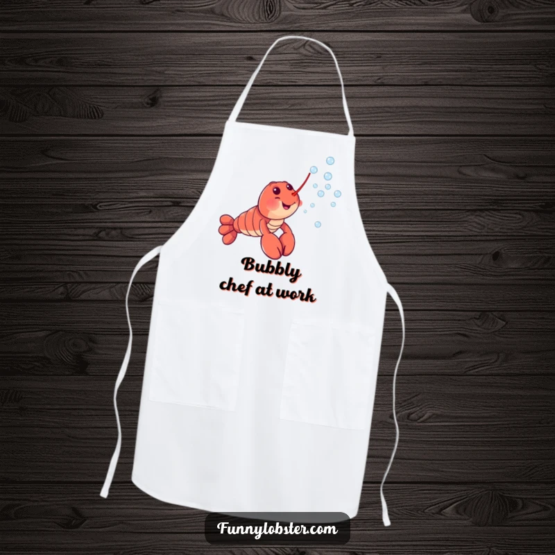 Funny apron adorned with a jubilant lobster character expertly blowing a stream of tiny, delightful bubbles, ready for culinary fun.