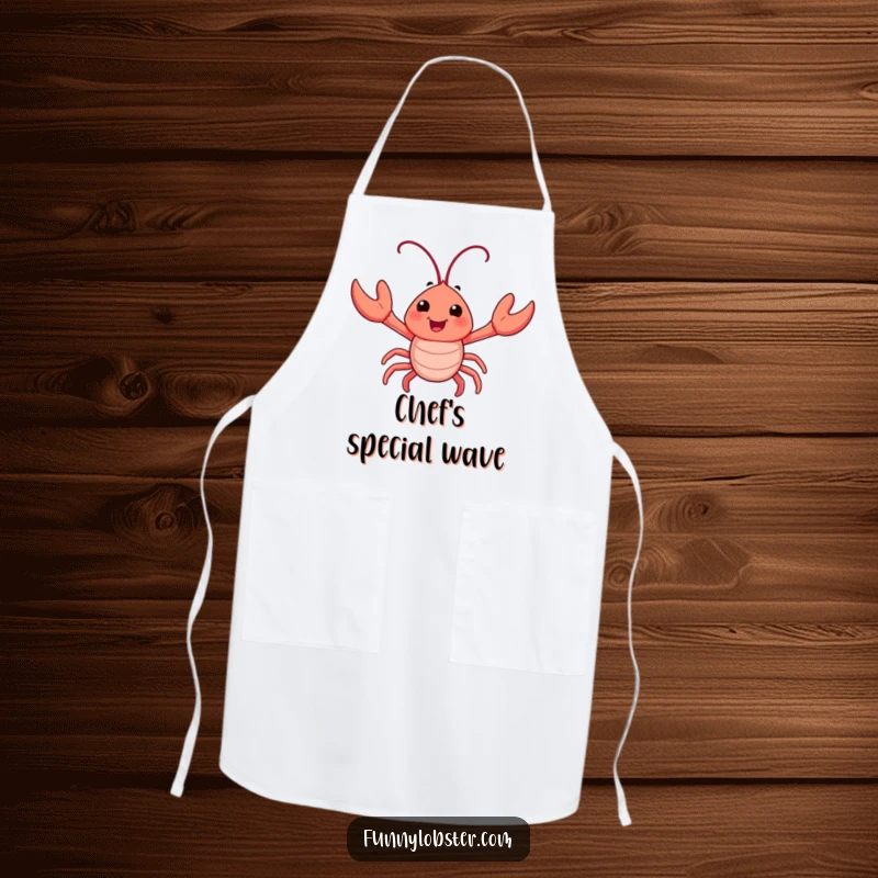 Funny apron depicting a happy lobster character enthusiastically waving its tiny claws, ideal for adding humor to kitchen duties.