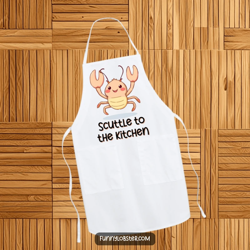 Funny kawaii lobster scuttles playfully with a happy upward glance, this apron brings cheerful and humorous vibes to cooking.