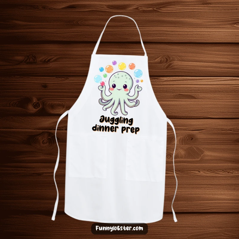 Funny Kawaii Octopus Apron juggling colorful bubbles, perfect for playful and humorous cooking.