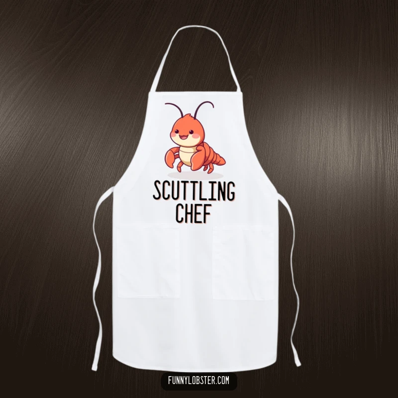 Funny apron depicting a cute lobster character doing a playful sideways scuttle with a smile, perfect for adding humor to kitchen tasks.