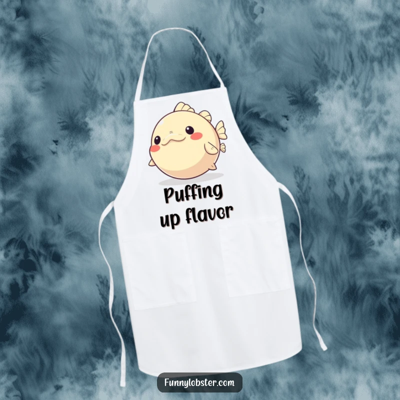 Funny Kawaii Pufferfish Apron playfully inflating and deflating with glee, perfect for cheerful cooking.