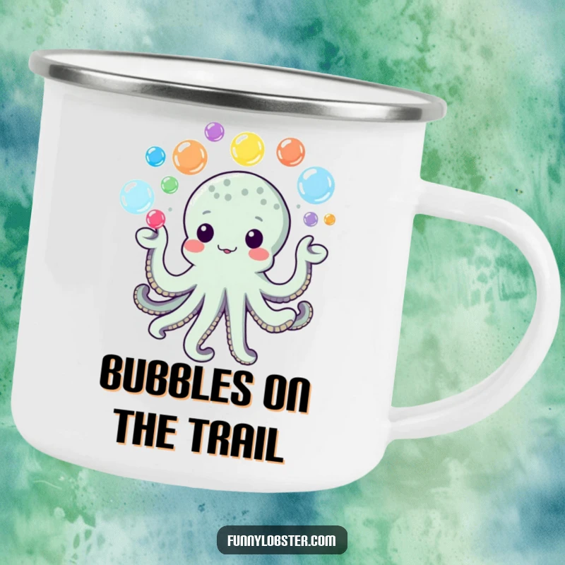 Funny Kawaii Octopus Camping Mug juggling colorful bubbles, perfect for playful outdoor adventures.