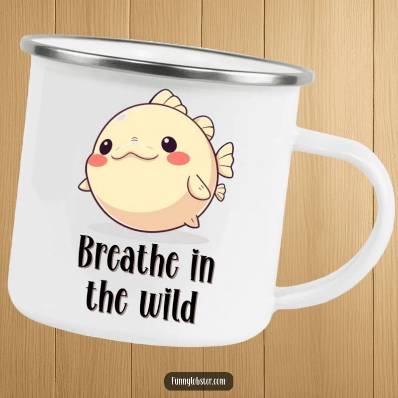 Funny Kawaii Pufferfish Camping Mug playfully inflating and deflating with glee, perfect for cheerful outdoor adventures.