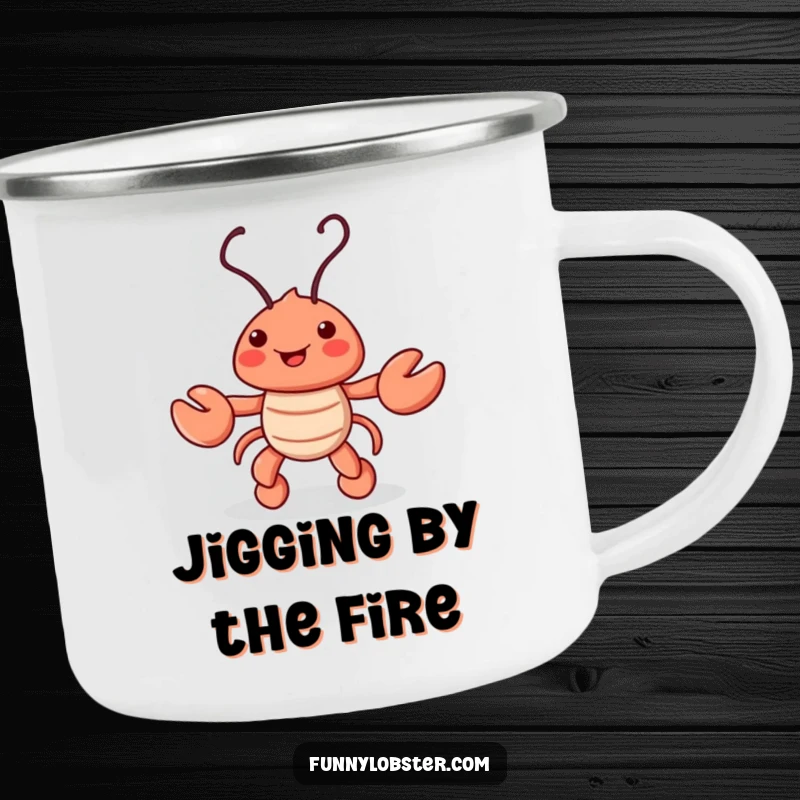 Funny camping mug with a playful lobster doing a jig, its antennae wiggling, ready for outdoor fun and good times.