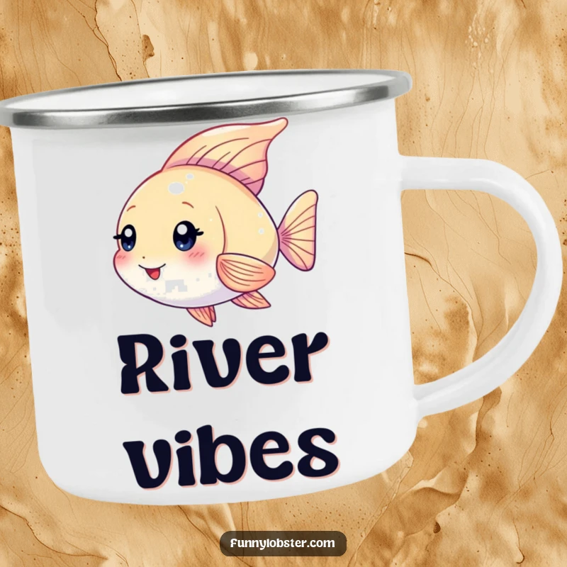Funny Kawaii angelfish character with shimmering fins fluttering playfully, a humorous and magical camping mug.