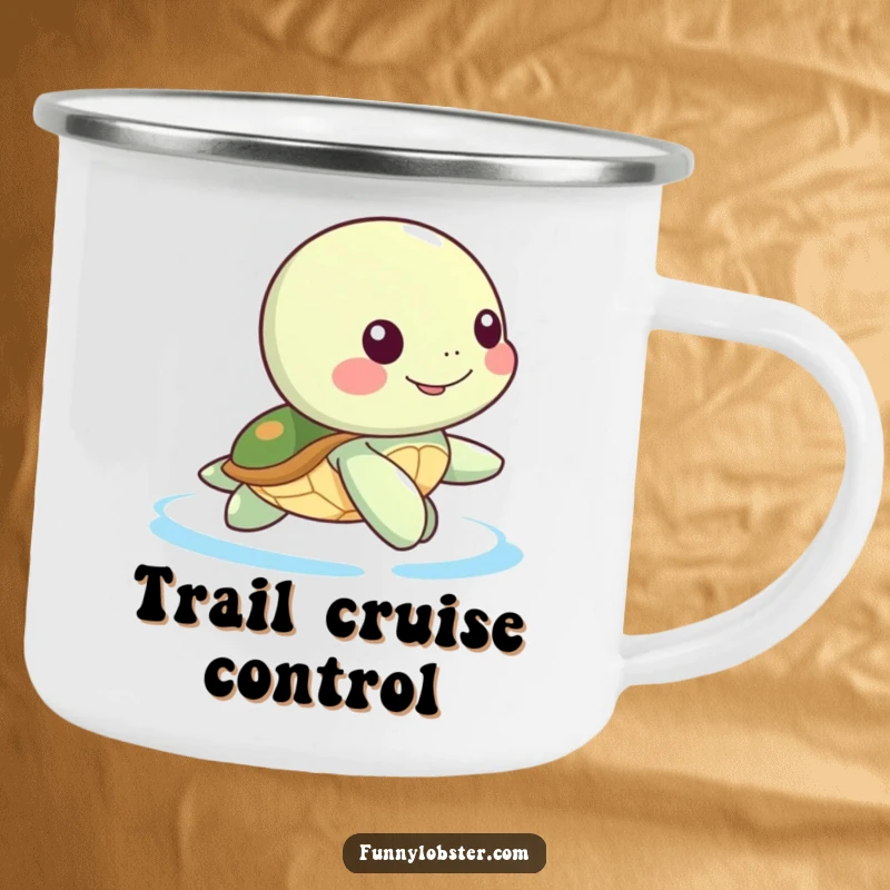 Funny Kawaii sea turtle character performing a happy paddle, a humorous and durable camping mug for adventurers.