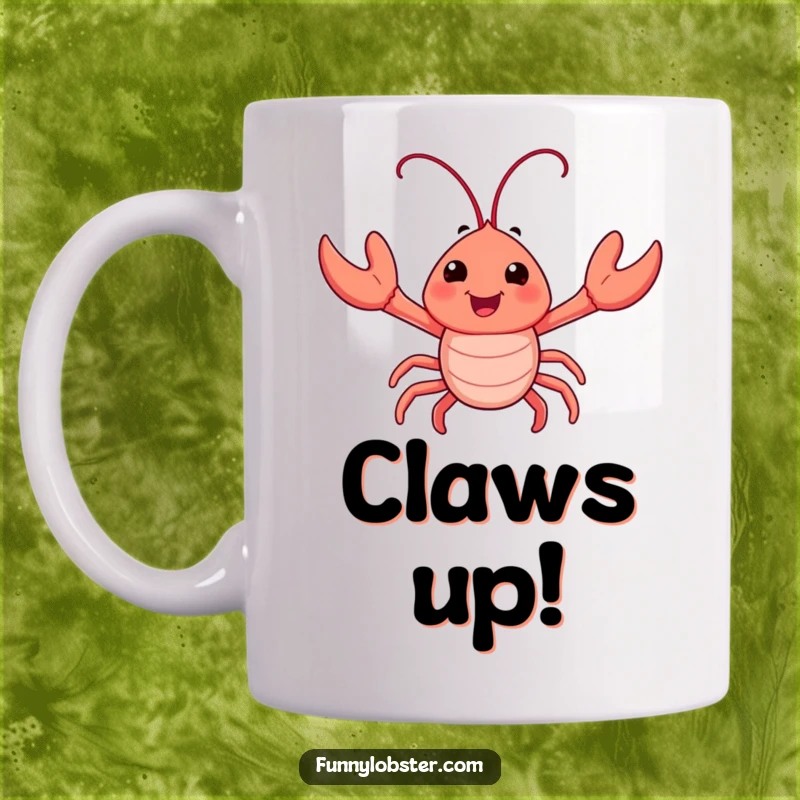 Funny mug featuring a happy lobster character enthusiastically waving its tiny claws, radiating pure joy and friendly greetings.