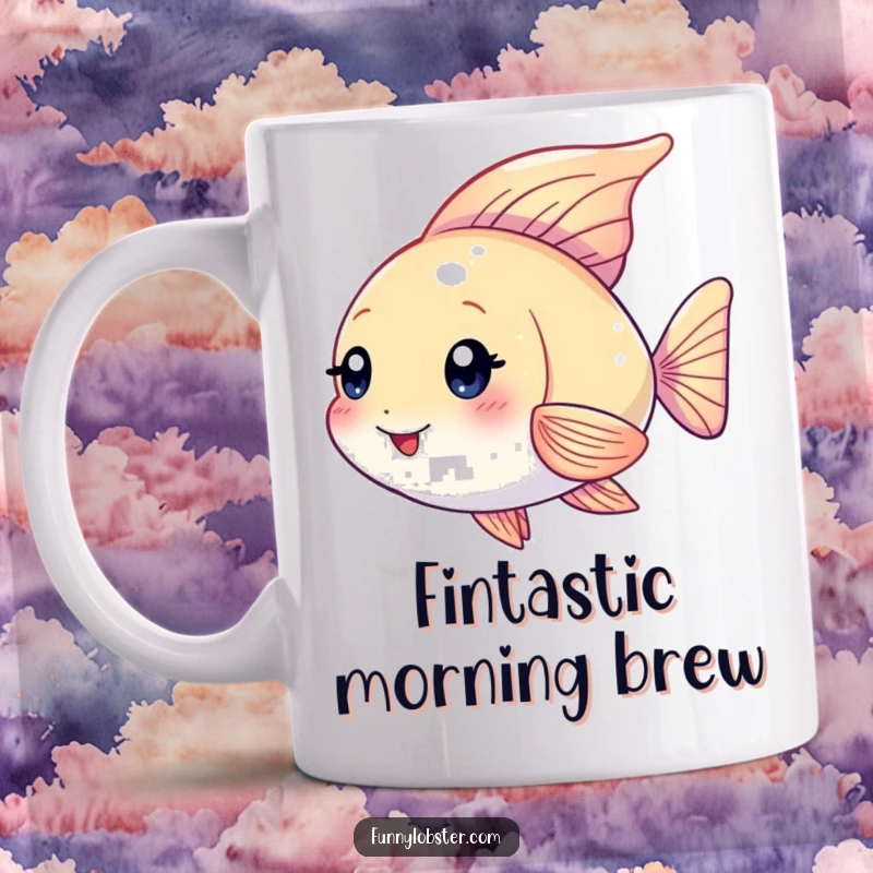 Funny Kawaii angelfish character with shimmering fins fluttering playfully, a vibrant and humorous mug.