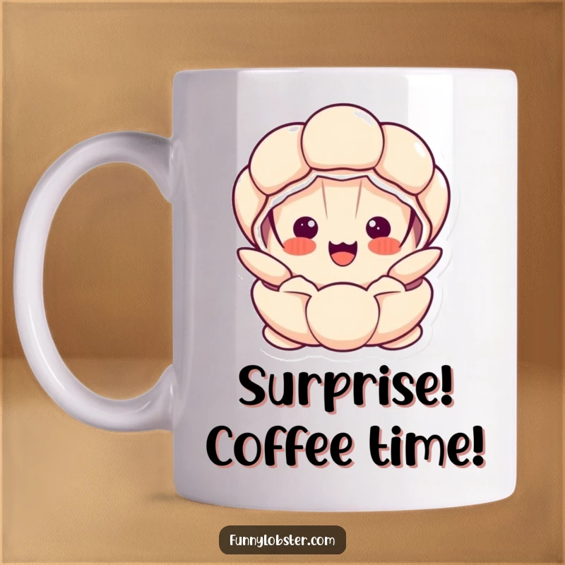 Funny Kawaii clam character popping open with a shocked, overjoyed expression, a perfect humorous kitchen gift.