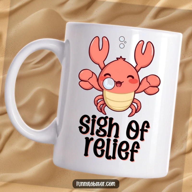 Funny kawaii lobster happily blowing a large bubble from its mouth with a contented sigh on a mug.