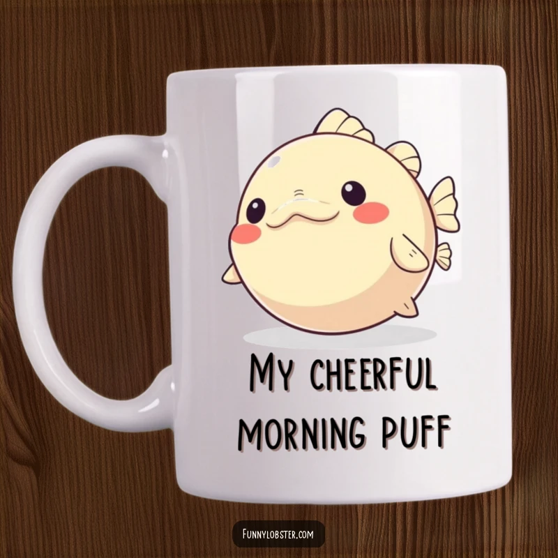 Funny Kawaii Pufferfish Mug playfully inflating and deflating with glee, a humorous and joyful collectible.