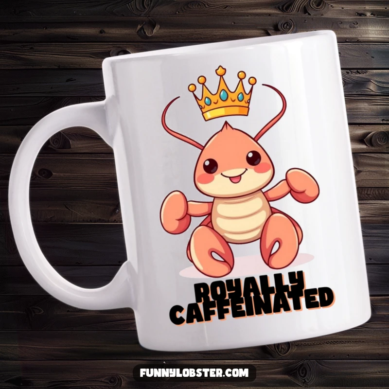 Funny kawaii lobster wearing a tiny crown and striking a proud pose, exuding confidence on a mug.