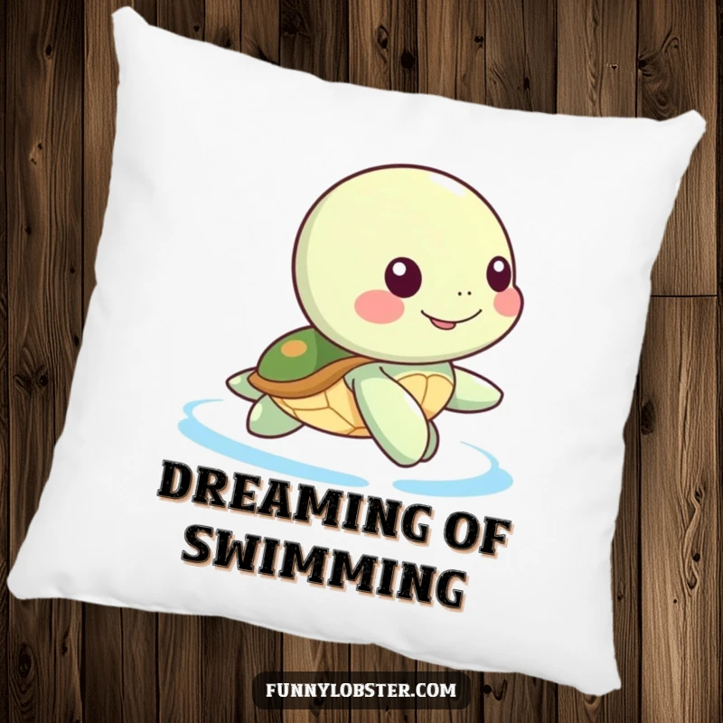 Funny Kawaii sea turtle doing a happy paddle, a soft and humorous pillow for cozy relaxation.