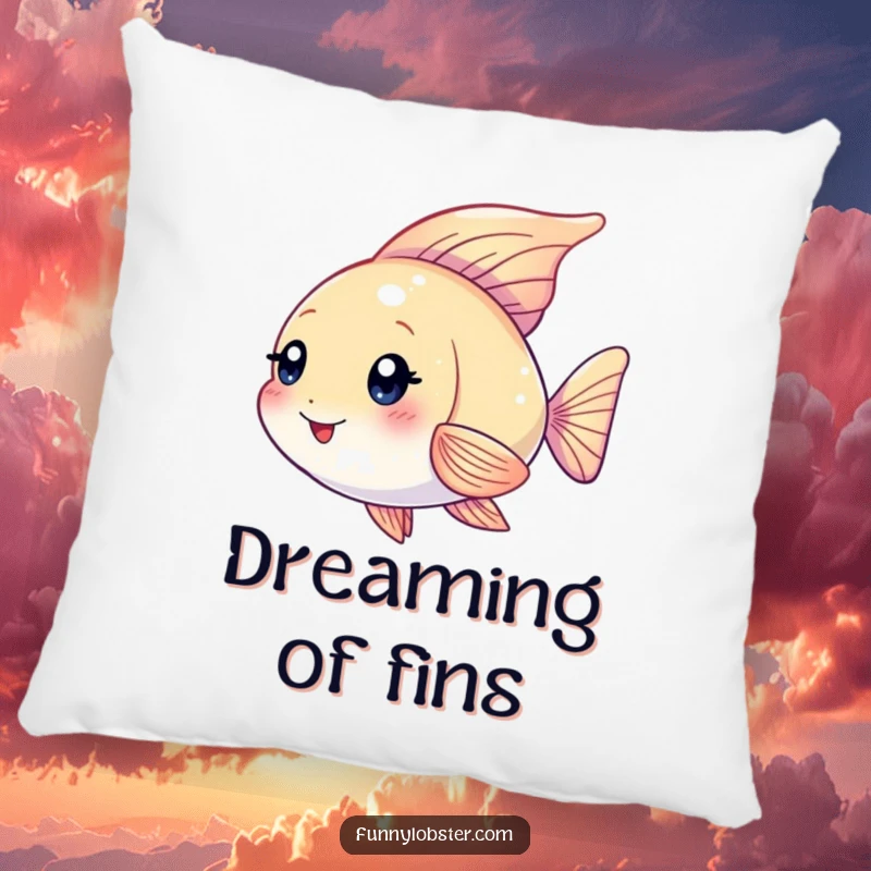Funny Kawaii angelfish with shimmering fins fluttering playfully, a soft and humorous decorative pillow.