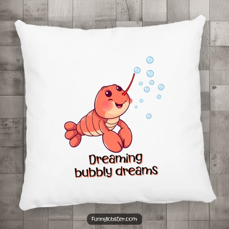 Funny pillow featuring a happy lobster character gently blowing a gentle cascade of tiny, shimmering bubbles, offering comfort and cheer.
