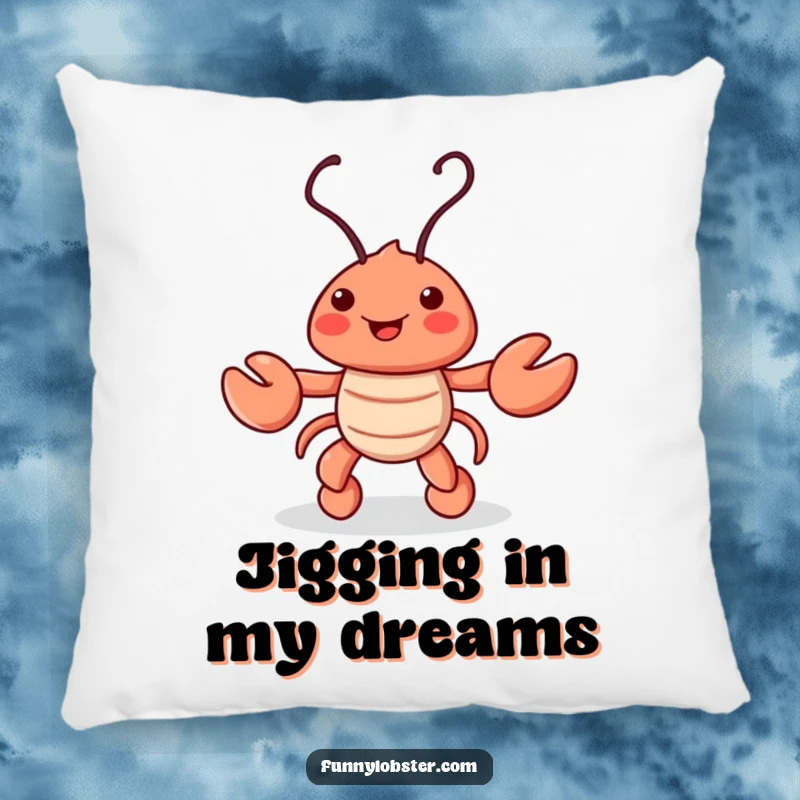 Funny pillow featuring a playful lobster character doing a charming jig, its antennae wiggling merrily, offering cozy fun.