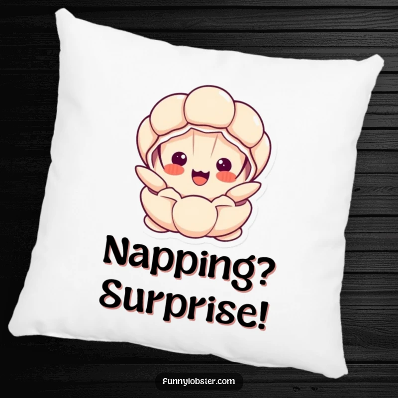 Funny Kawaii clam character popping open with a surprised and happy face, a soft and humorous decorative pillow.