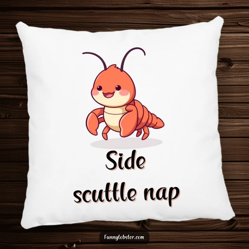 Funny pillow featuring a cute lobster character doing a playful sideways scuttle with a smile, adding a touch of quirky charm to any couch.