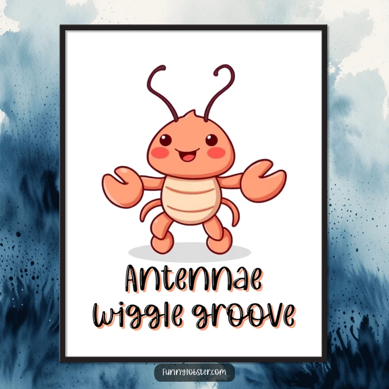 Funny digital art print of a playful lobster character doing a lively jig, its antennae wiggling with infectious joy and rhythm.