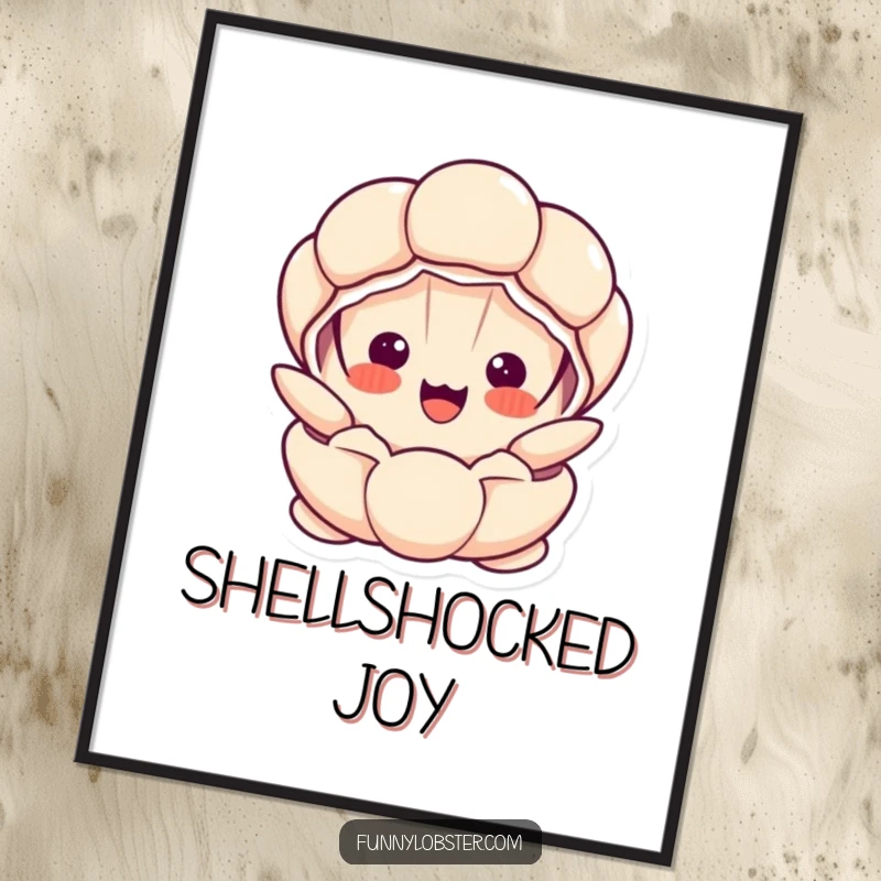 Funny Kawaii clam character popping open with a surprised, happy face, instantly downloadable art for humorous decor.