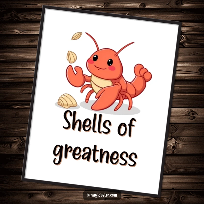 Funny kawaii lobster skillfully juggling three tiny seashells, available as a downloadable digital art print for instant decor.