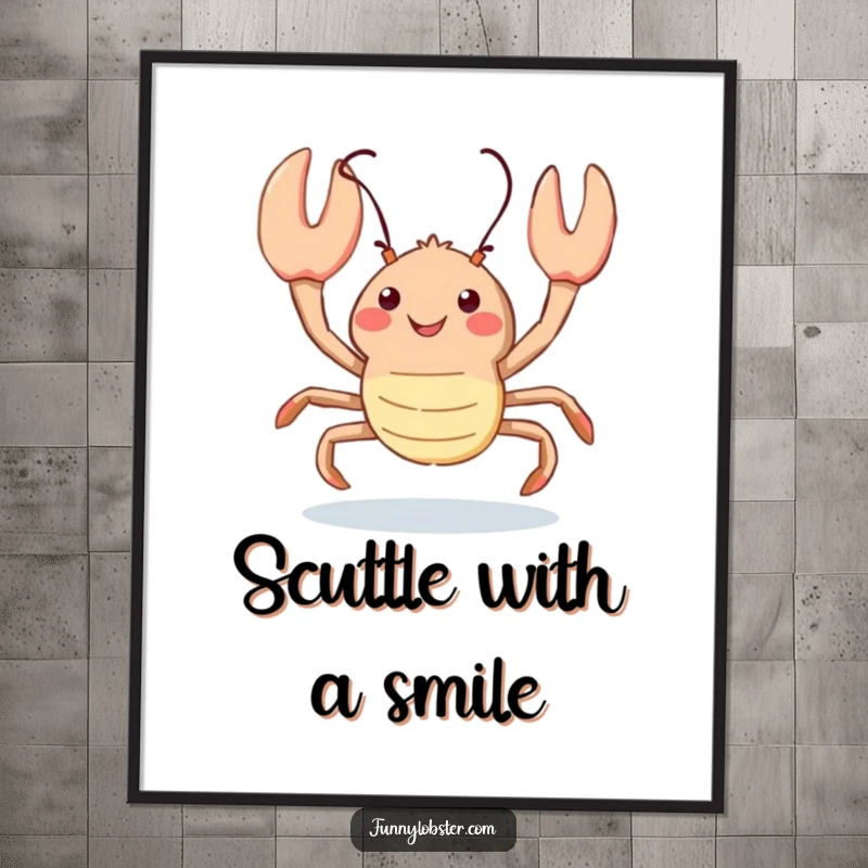 Funny kawaii lobster scuttles playfully with an optimistic upward glance, this digital art radiates happy and humorous energy.