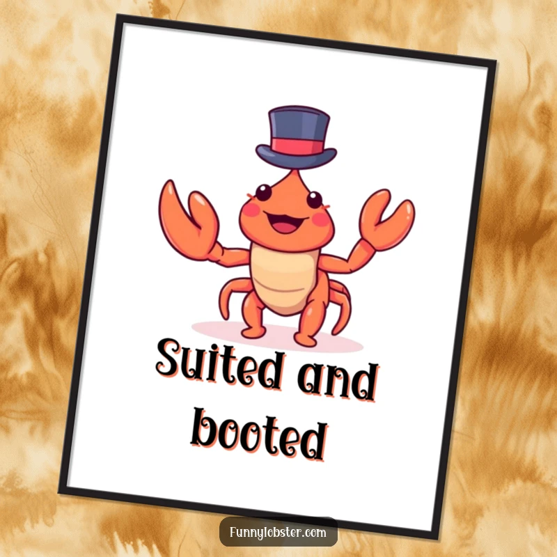 Funny kawaii lobster in a tiny top hat poses elegantly, this digital art print offers dapper and humorous charm.