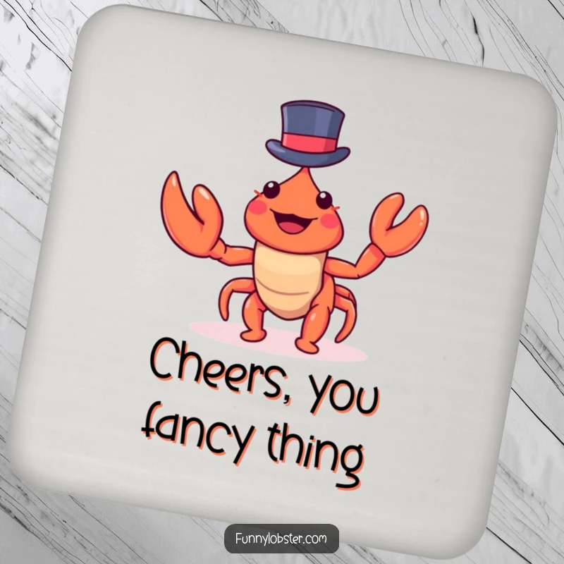 Funny kawaii lobster wearing a tiny top hat sits smartly on this coaster, adding dapper and humorous flair.