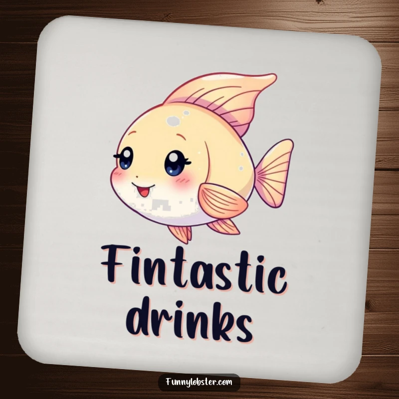 Funny Kawaii angelfish with shimmering fins fluttering playfully, a humorous coaster for surface protection.