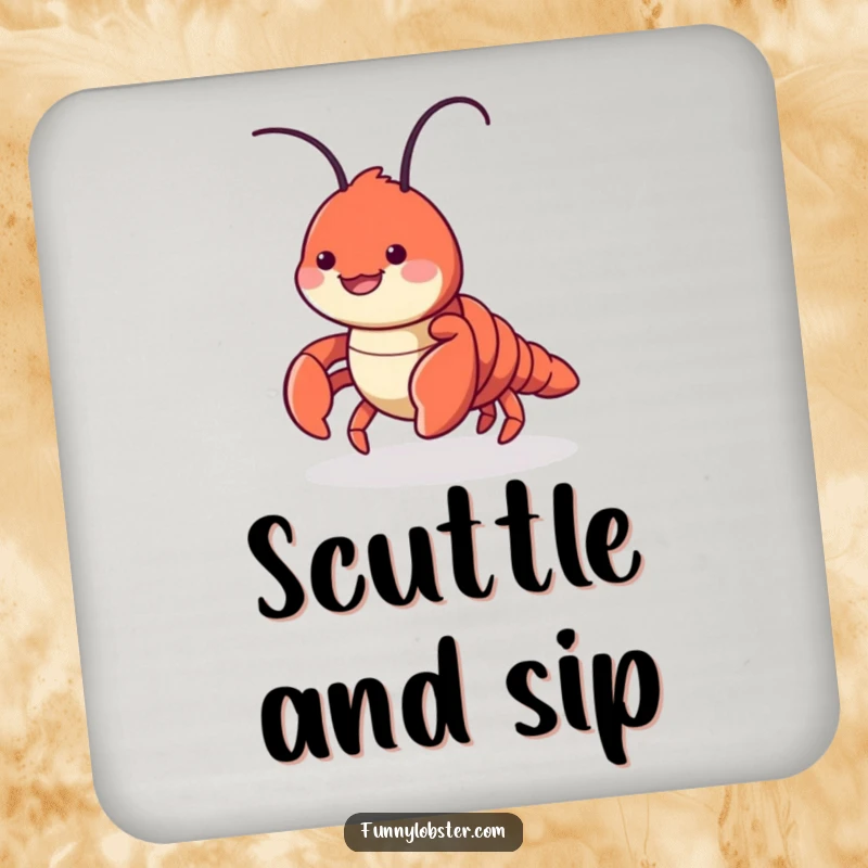 Funny coaster set featuring a cute lobster character playfully scuttling sideways with a smile, adding seaside humor to your tables.