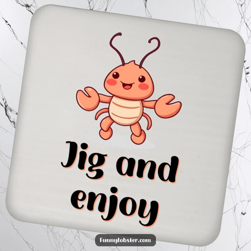 Funny drink coaster featuring a playful lobster doing a cheerful jig, its antennae wiggling, protecting surfaces with style.