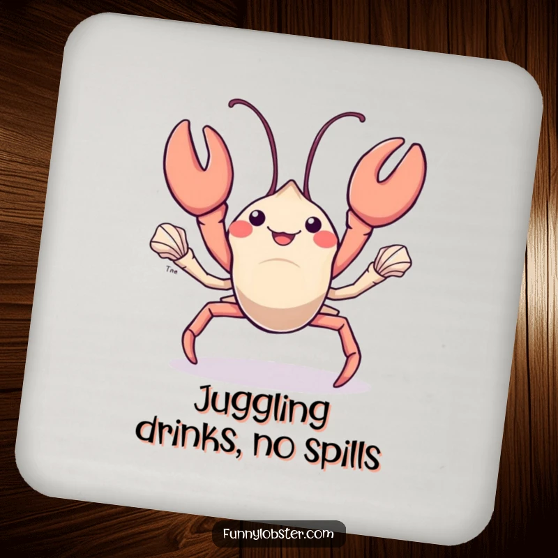 Funny kawaii lobster juggles shiny seashells, this coaster adds talented and humorous flair to any table.