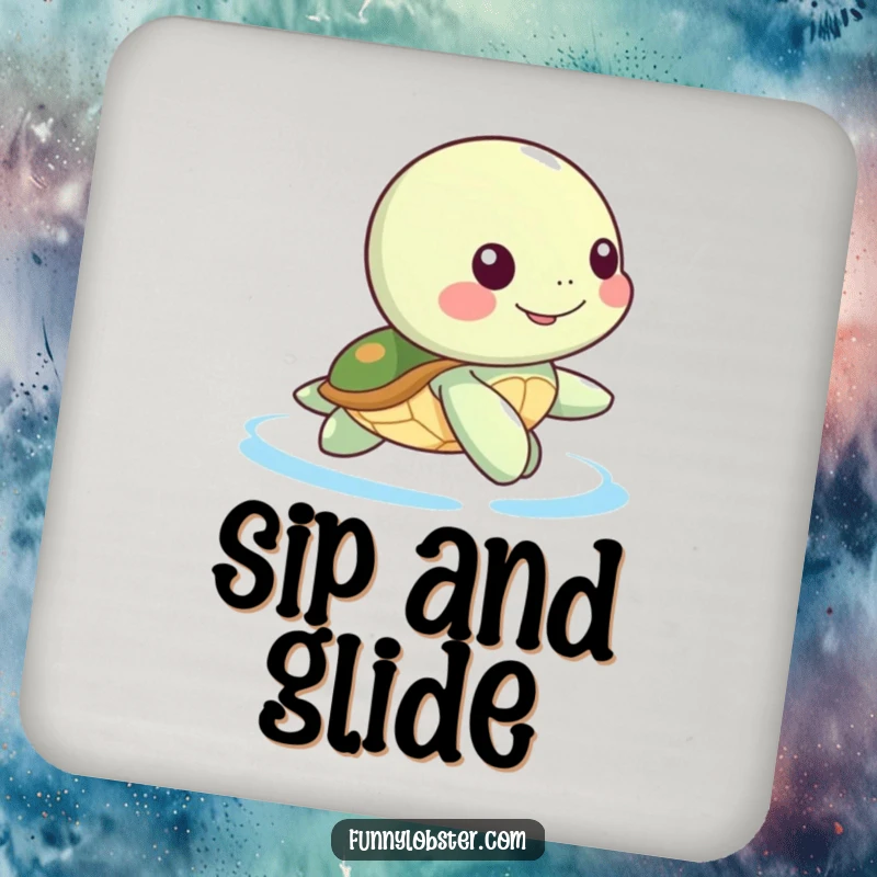 Funny Kawaii sea turtle character in a happy paddle motion, a humorous coaster protecting surfaces.