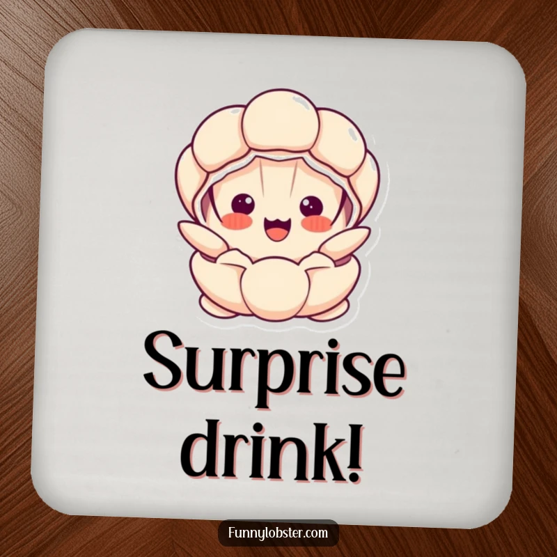 Funny Kawaii clam character popping open with a surprised, happy face, protecting surfaces with coastal humor.