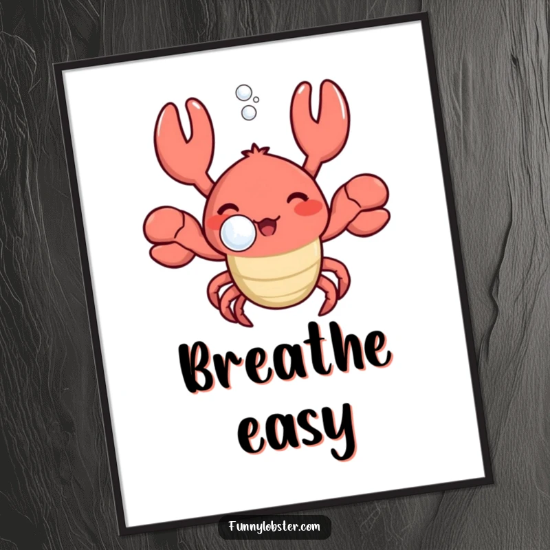 Funny kawaii lobster blowing a bubble with a happy sigh, creating a peaceful and humorous piece of wall art.