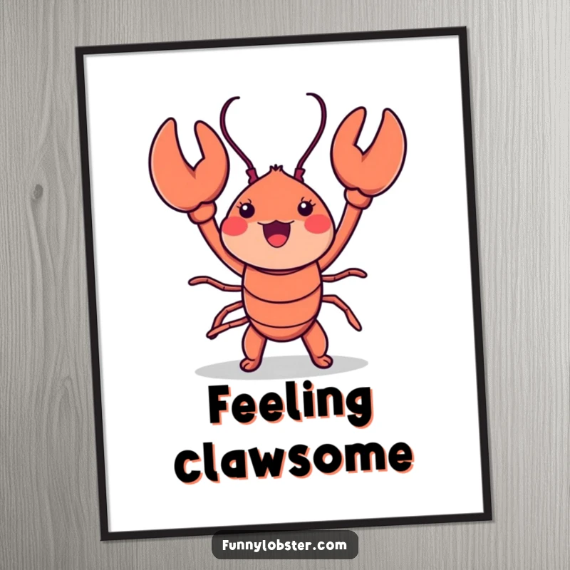 Funny kawaii lobster performing an energetic and comical claw-waving dance, creating a vibrant and humorous wall art piece.