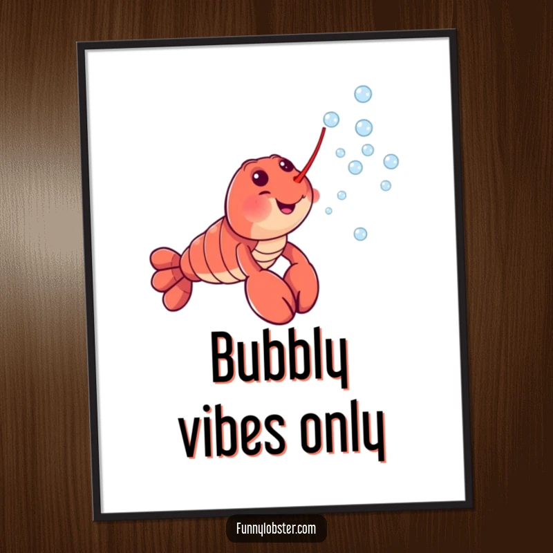 Funny poster art depicting a radiant lobster character exhaling a delightful stream of tiny, sparkling bubbles across the canvas.
