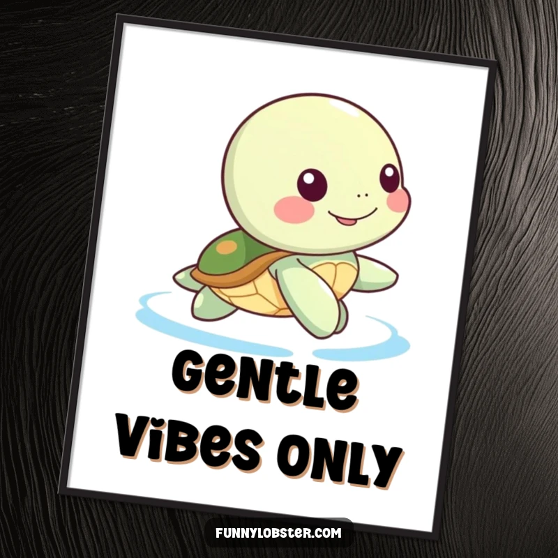 Funny Kawaii sea turtle character in a gentle, happy paddle motion, a humorous and calming piece of wall art.