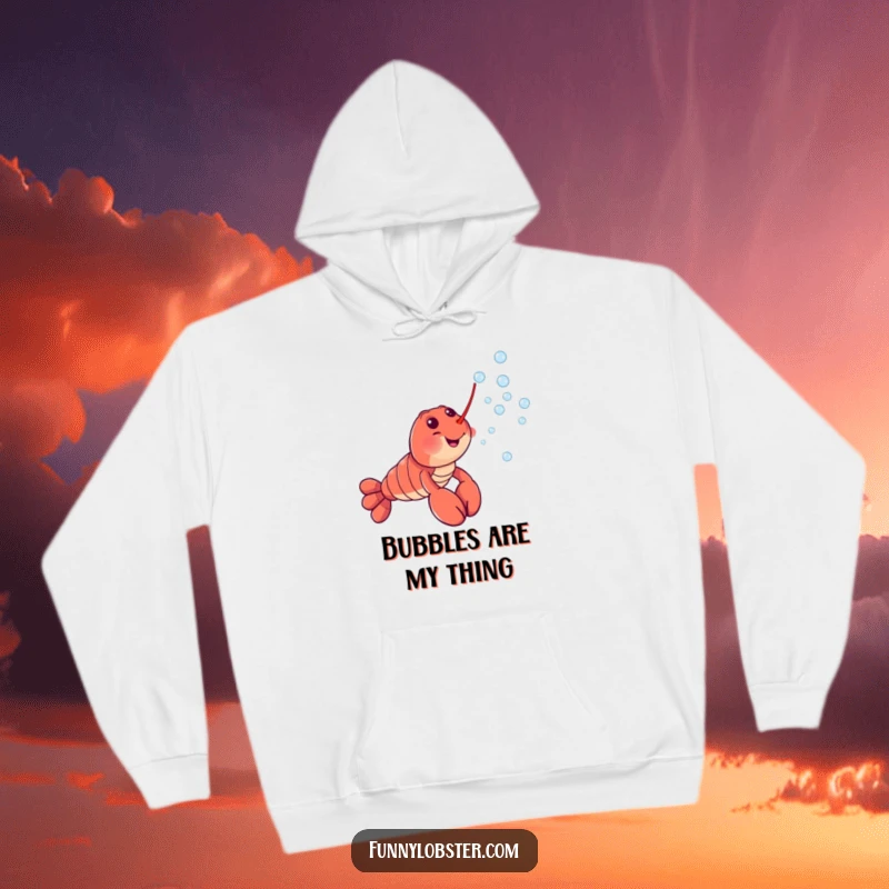 Funny hoodie showcasing a happy lobster character releasing a stream of small, shimmering bubbles, radiating contentment and fun.