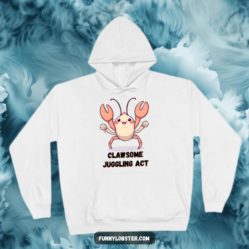 Funny kawaii lobster juggles shiny seashells creating a mesmerizing display, this hoodie brings cozy, humorous skill.