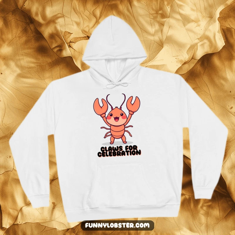 Funny kawaii lobster doing a hilarious claw-waving dance, depicted on a warm and cozy hoodie for ultimate comfort.