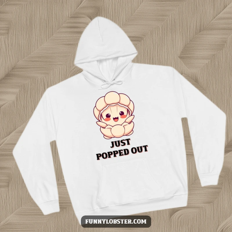 Funny Kawaii clam character popping open with a surprised, happy face, cozy and humorous loungewear.