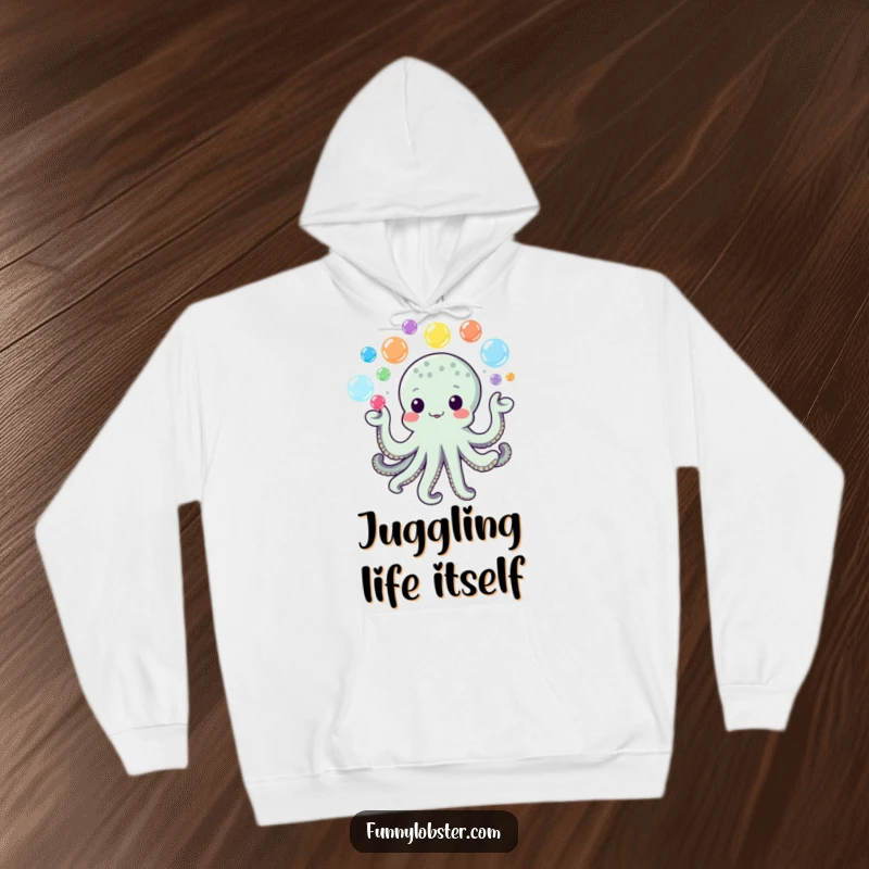 Funny Kawaii Octopus Hoodie with colorful bubbles being juggled, perfect for cozy and humorous wear.