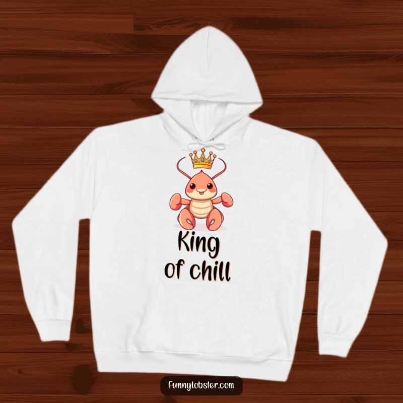 Funny kawaii lobster wearing a tiny crown and posing proudly, featured on a warm and cozy hoodie.