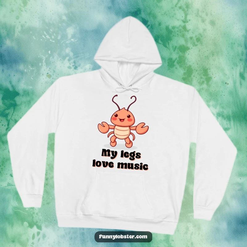 Funny hoodie depicting a happy lobster character doing a lively jig, its antennae moving rhythmically, radiating pure joy and fun.