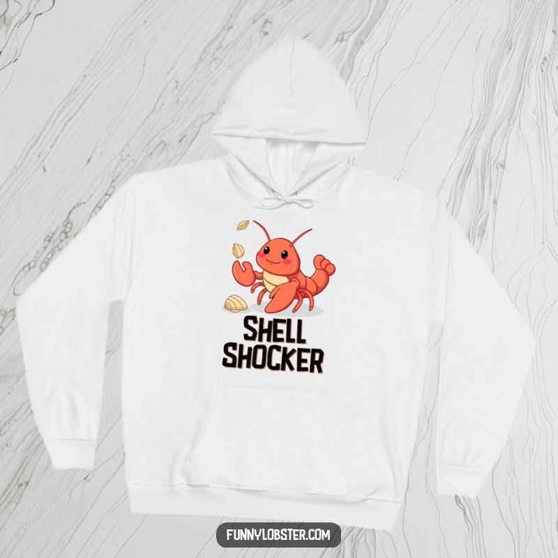Funny kawaii lobster skillfully juggling tiny seashells, featured on a warm and soft hoodie for cozy charm.
