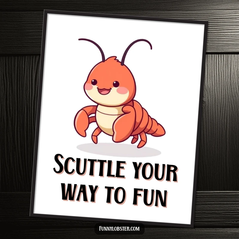 Funny Free Printable Wall Art: A cute lobster character performs a playful sideways scuttle with a big smile, adding whimsy.