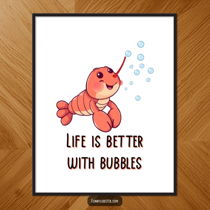 Funny Free Printable Wall Art: Cheerful lobster character blowing a stream of tiny bubbles, bringing playful vibes.