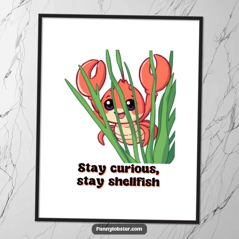 Funny Free Printable Wall Art: Smiling lobster character with wide eyes, peeking from behind seaweed, adding fun.